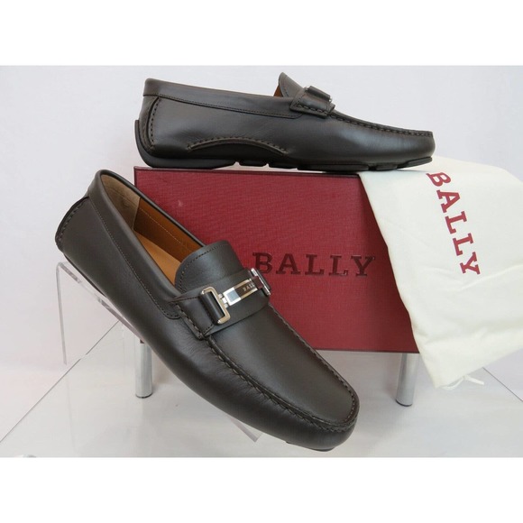 BALLY DRULIO DARK BROWN CHOCOLATE LEATHER METAL LOGO DRIVING LOAFERS US 11 D
